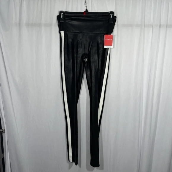 NWT $110‎ Spanx [ Small ] Side Stripe Faux Leather Leggings in Black/White - Picture 7 of 13